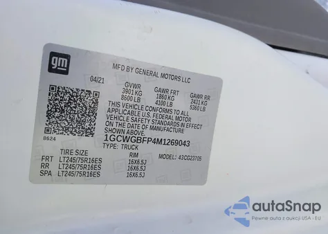 2021 Chevrolet Express Cargo Rwd 2500 Extended Wheelbase Wt z USA, uszkodzony, nr VIN 1GCWGBFP4M1269043
